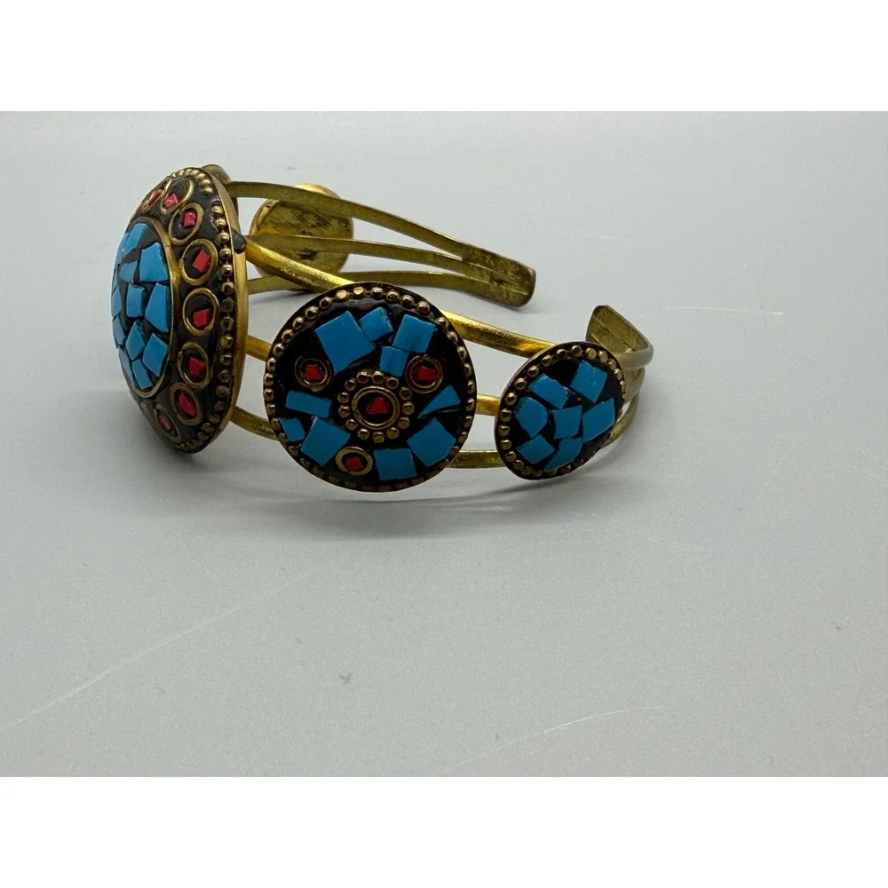 Tibetan Style Cuff Bracelet Blue Red Brass Tone Metal Mosaic Medallions Inlay